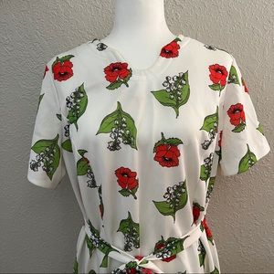 Poppy floral print midi dress belted free size 1970s botanical garden dress folk